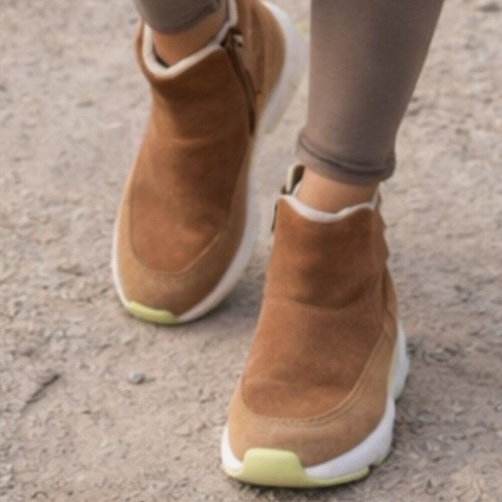 Suede Leather & Shearling Ankle Booties Thick Traction Sole Side Zip Warm 7.5